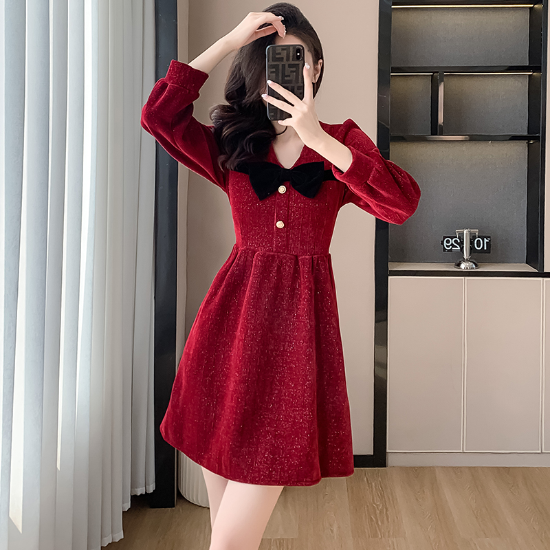 2024 Autumn Winter French Style Bow Red Dress Women Slimming Shiny Silk A-Line Dress