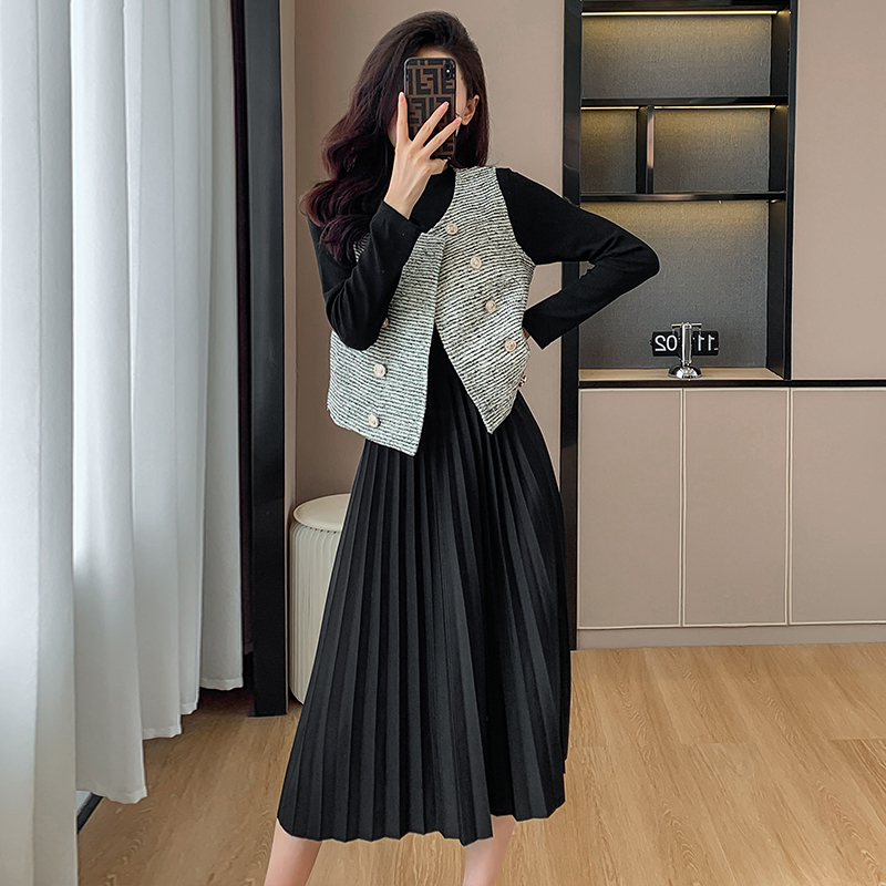 2025 Autumn Korean Style A-Line Pleated Long Dress Two-Piece Set with Vest
