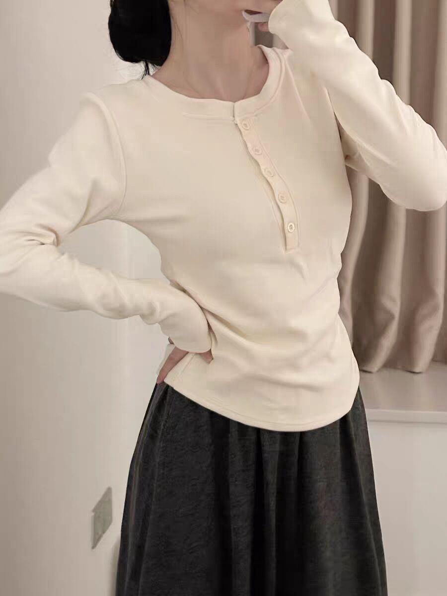 Korean Long Sleeve Slim Fit Warm Base Layer Top Women 2026 Winter New Relaxed French Style Height Boosting