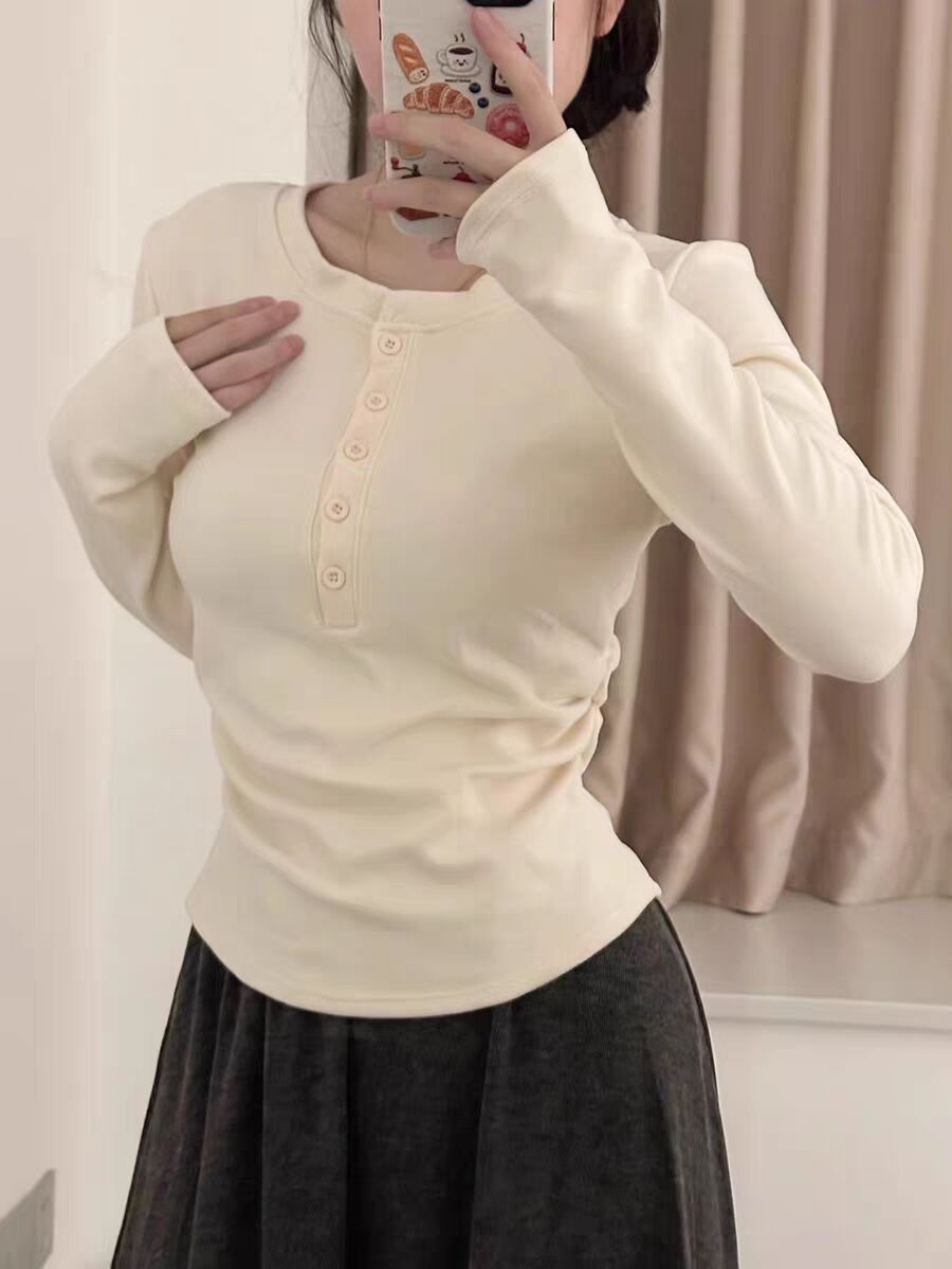 Korean Long Sleeve Slim Fit Warm Base Layer Top Women 2026 Winter New Relaxed French Style Height Boosting - Image 3