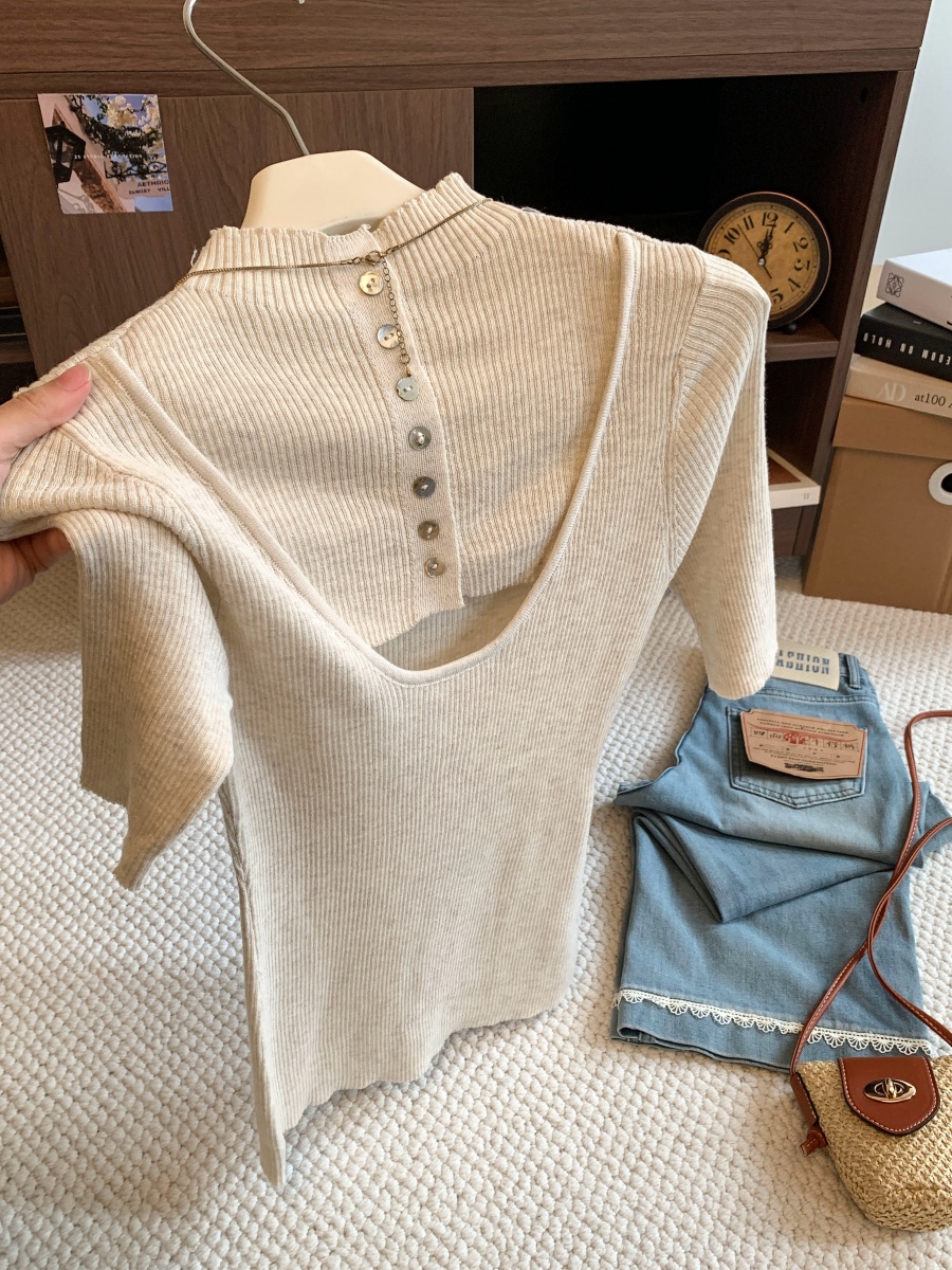 Korean Style Back Cutout Stand Collar Short Sleeve T-Shirt Women 2026 Early Autumn Slim Fit Base Layer Knit Top