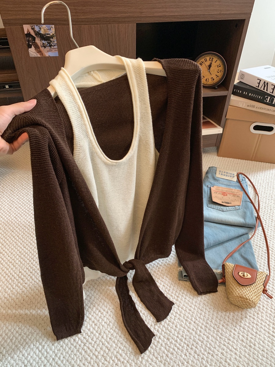 Korean Style Vintage Halter Vest Strap Long Sleeve Knit Sweater Women Fall Loose Slimming Fake Two Piece Top