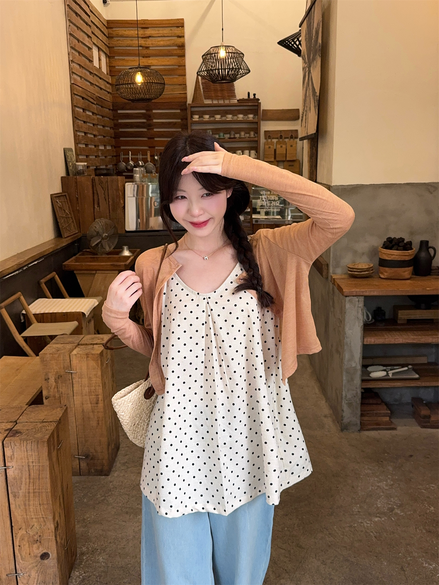 Sweet Knit Cardigan and Cotton Linen Polka Dot Cami Two-Piece Set for Women
