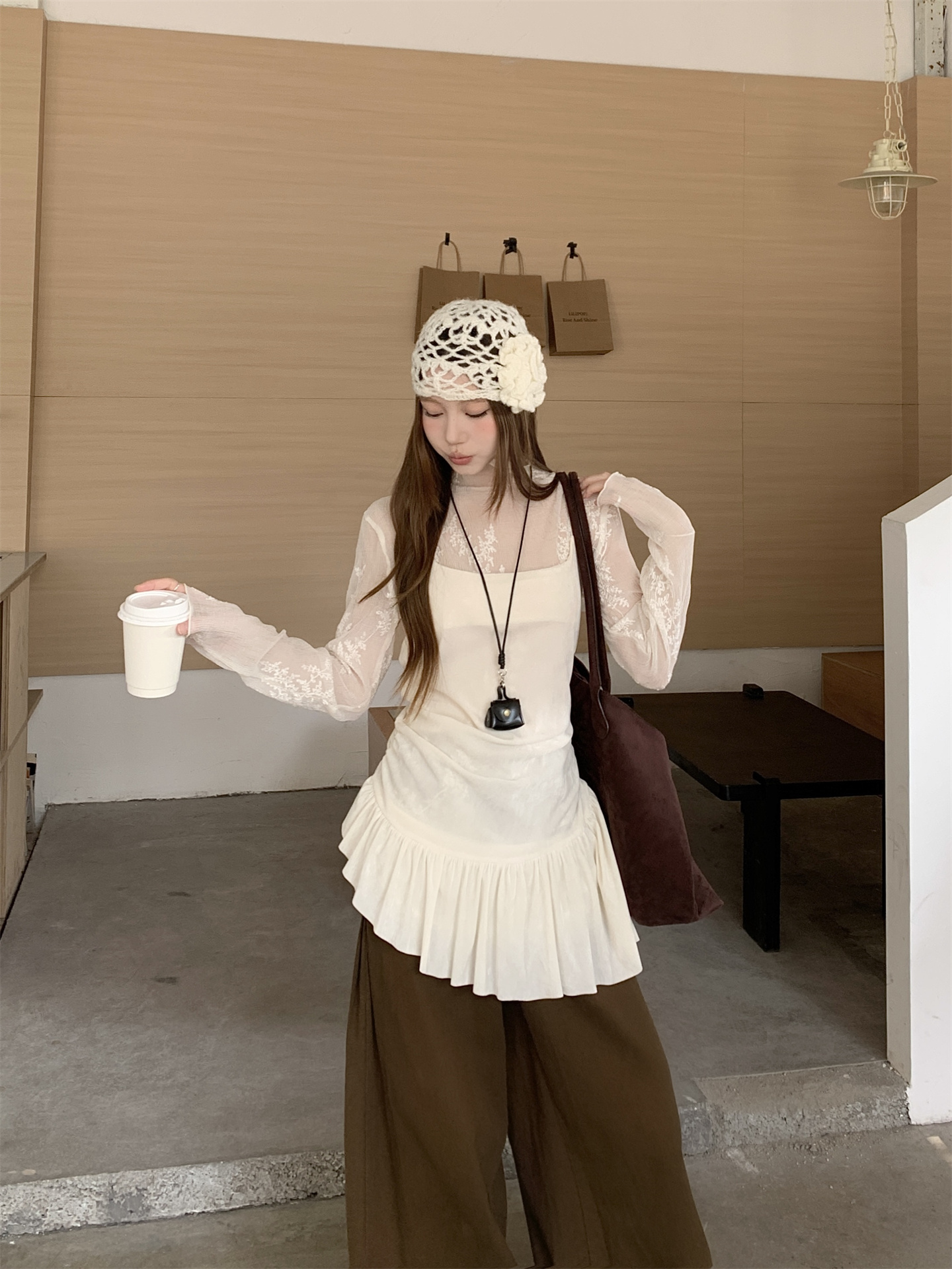 Sweet Style Lace Embroidered High Neck Long Sleeve Base Shirt and Ruffle Cami Two-Piece Set