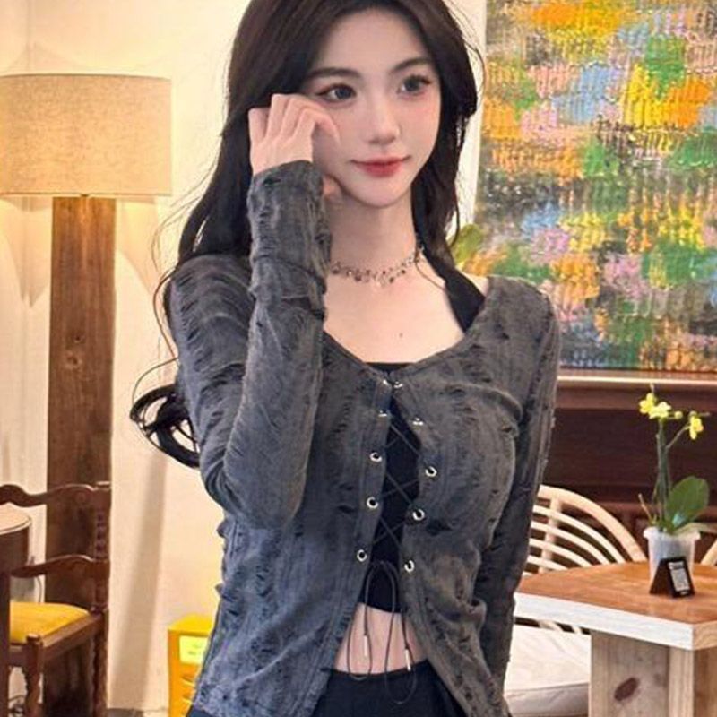 Wasteland Style Halter Strap Slim Fit Long Sleeve T-Shirt for Women