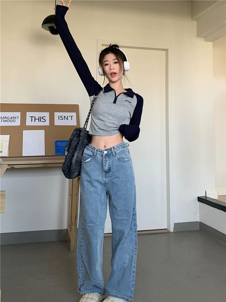Women's Color-Block Polo Neck Long Sleeve Top 8660 - Image 2