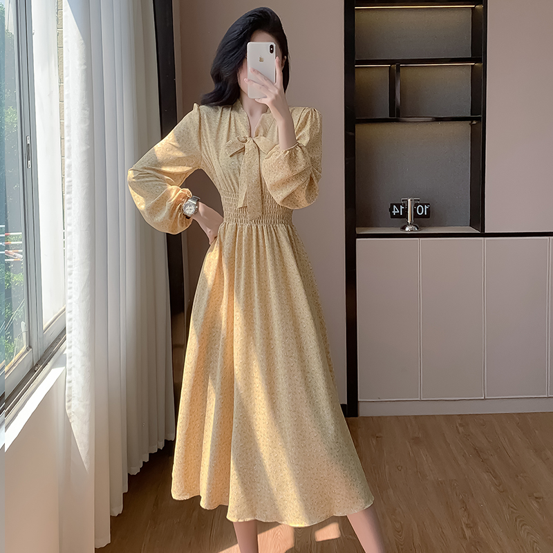 Women's Floral Chiffon Long Sleeve Dress Spring Autumn 2024 New Sweet Slimming