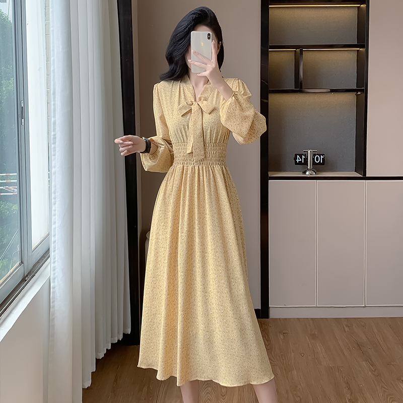 Women's Floral Chiffon Long Sleeve Dress Spring Autumn 2024 New Sweet Slimming - Image 3