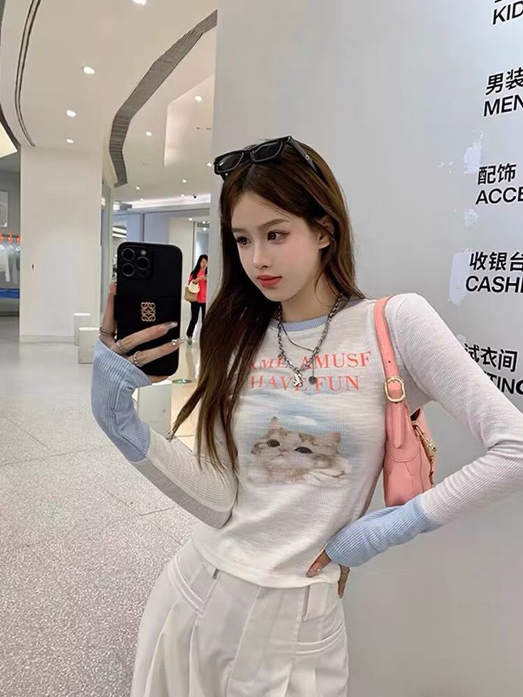 Women's Ribbed Slimming Cat Print Long Sleeve T-Shirt
