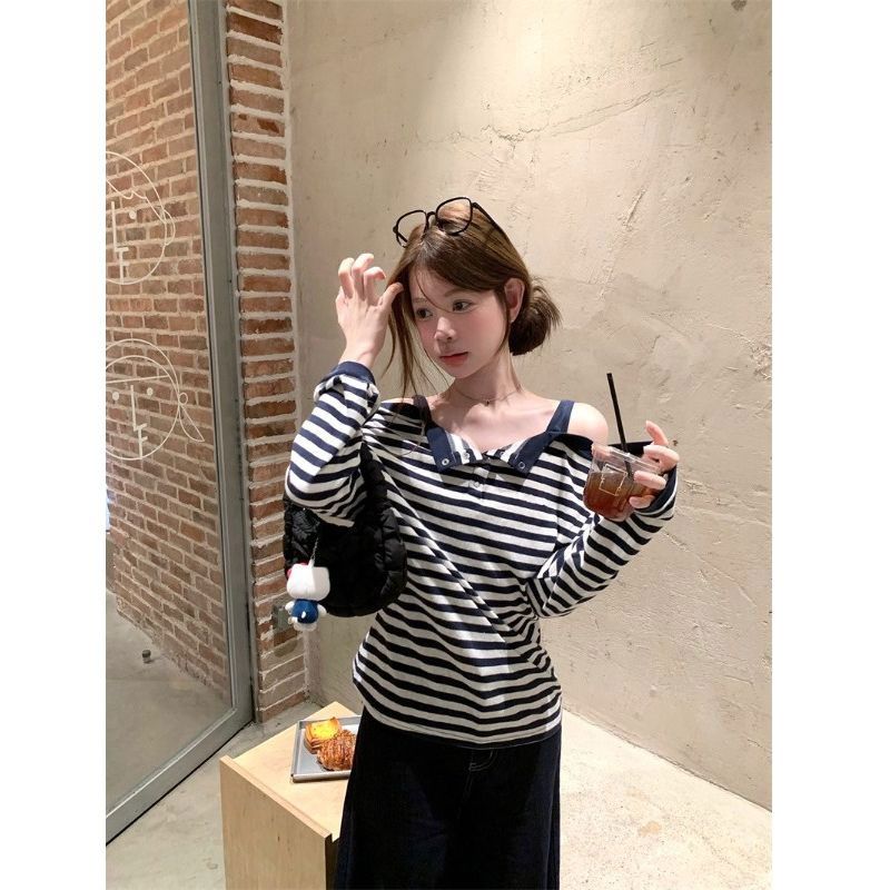Women's Striped One-Shoulder Faux Two-Piece Long Sleeve T-Shirt