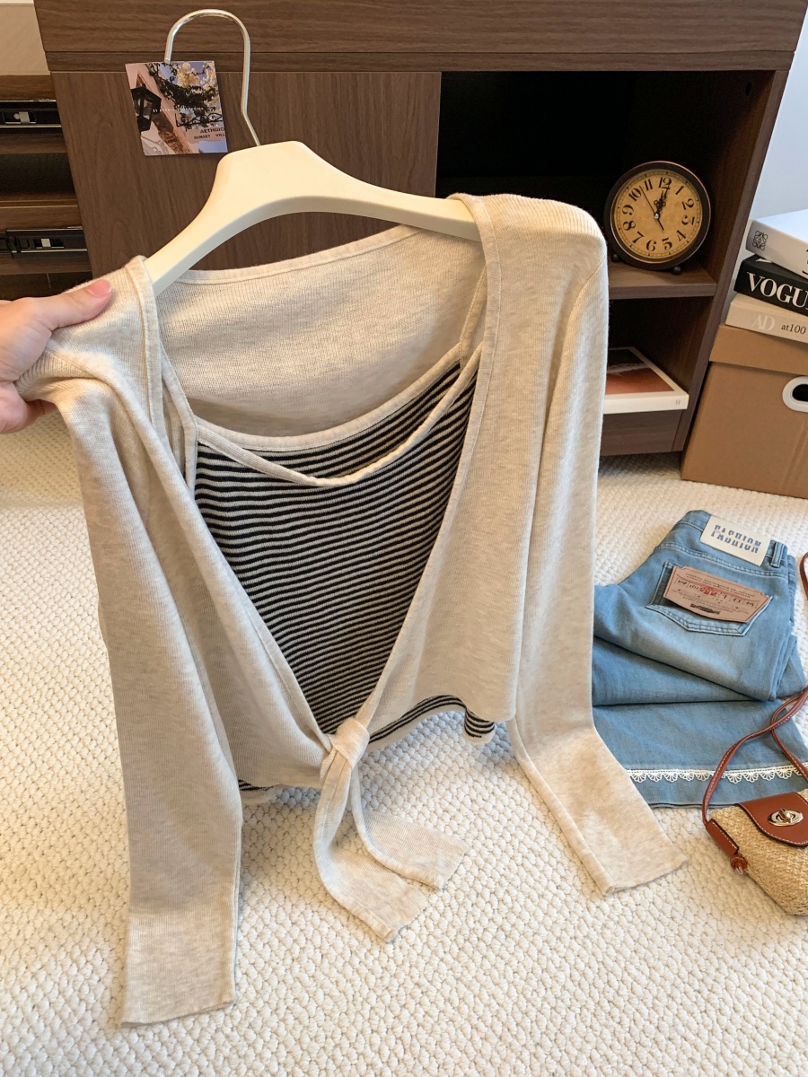 Women's Two-Piece Knit Cardigan Set with Striped Cami Top