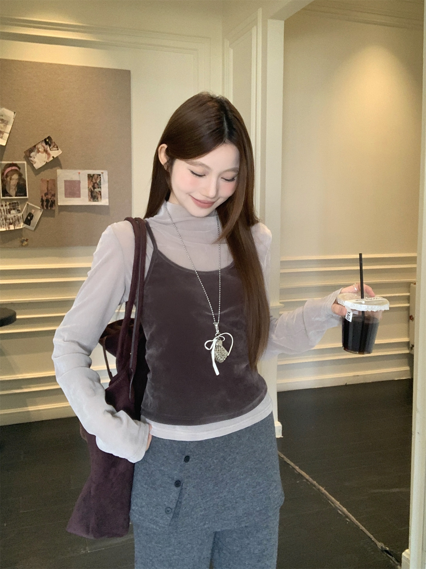 Women's Velvet Two-Piece Set High Neck Base Top and Cami Vest - Image 2
